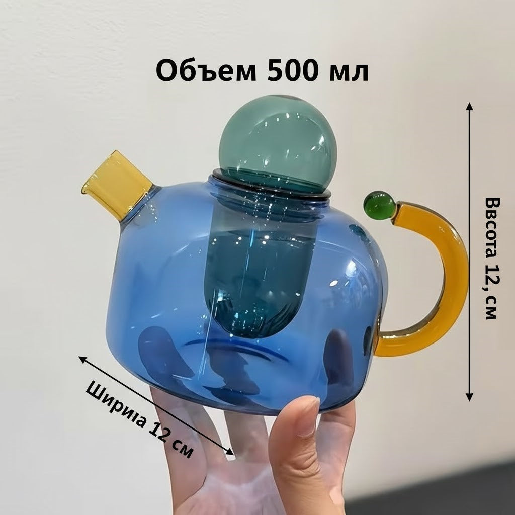 Чайний набір на 2 персони зі скляним чайником 500 мл, 2 чашками та керамічною підставкою